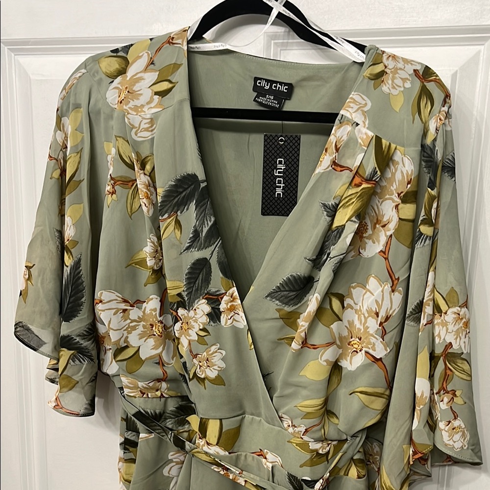 City Chic Floral Wrap Dress - Green and White